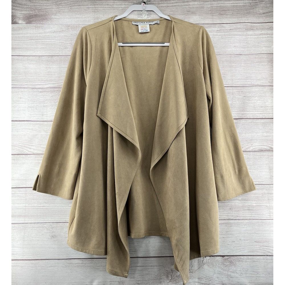 Gretchen Scott‎ Faux Suede Open Waterfall Cardigan Jacket Blazer Beige Size L
